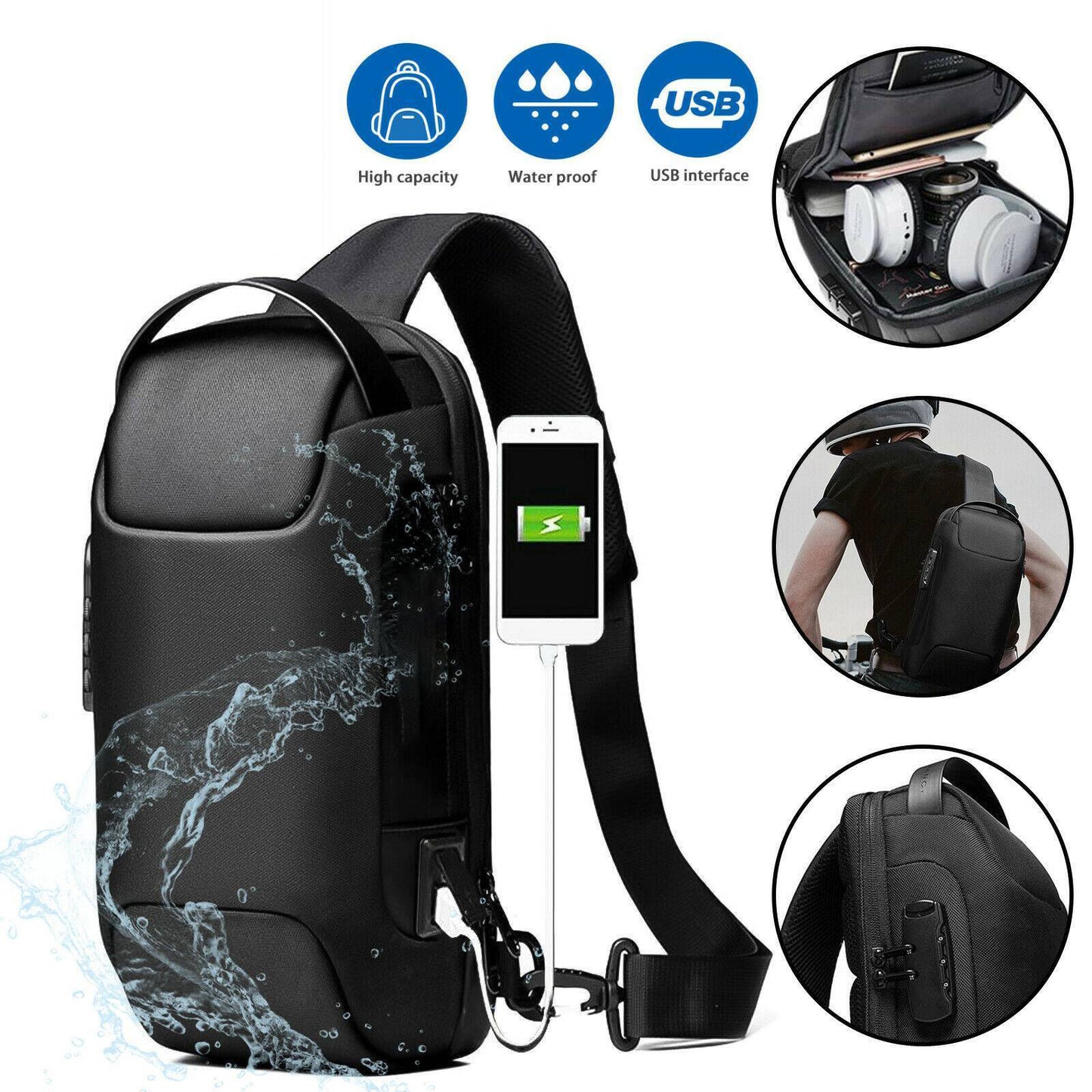 Multifunktionale wasserdichte Hüfttasche für Herren, diebstahlsichere Umhängetasche, Crossbody-Schultertasche mit USB-Ladeanschluss
